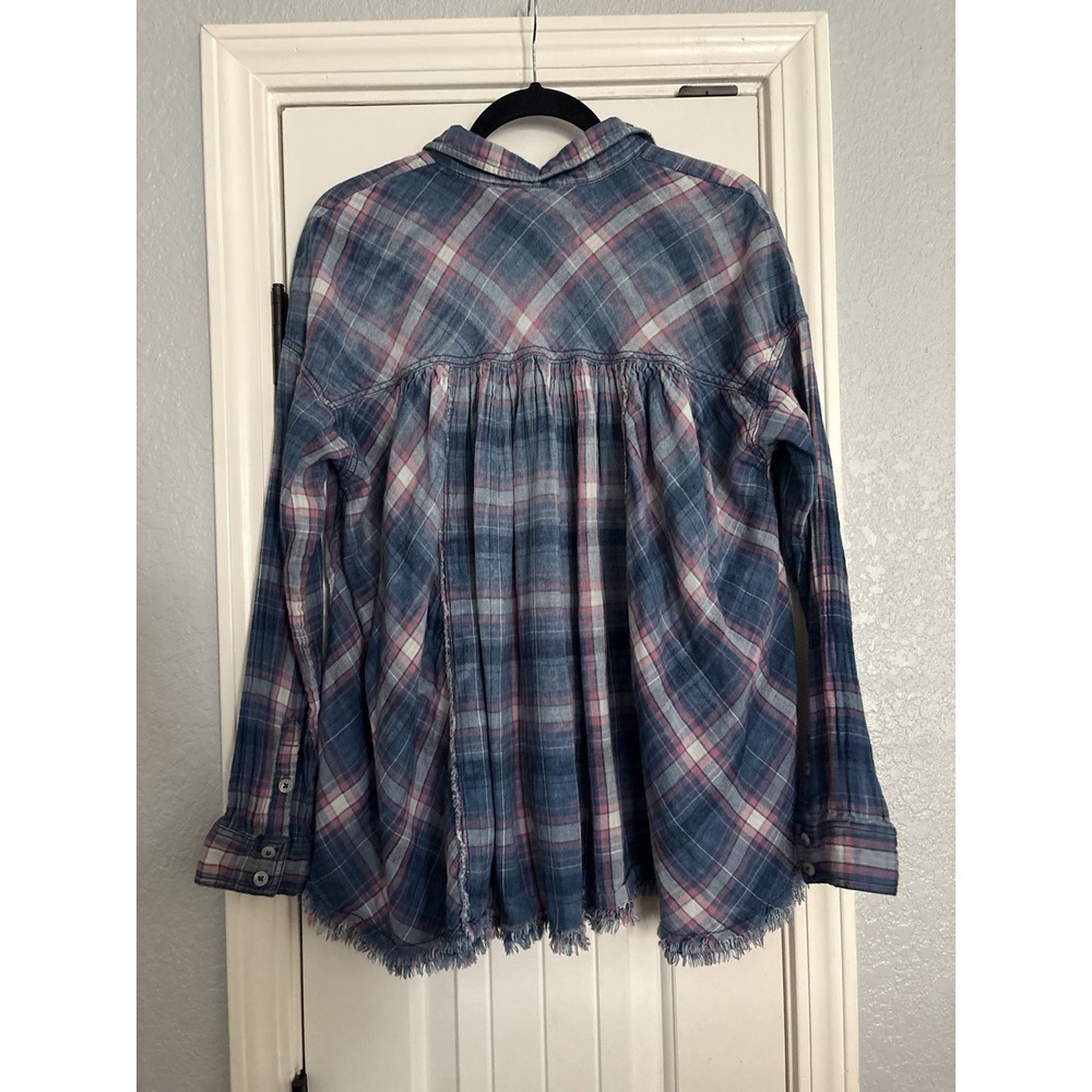 Free People Seeking Starlight Boho Swing Shirt Medium Raw Hem Peplum Button Down - Picture 8 of 9